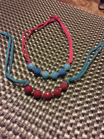 Blue Leather Cord Bracelet with Pink Beads