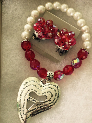 Pearl and Red Bead Bracelet with Our Father Prayer & Red Clip Earrings Set